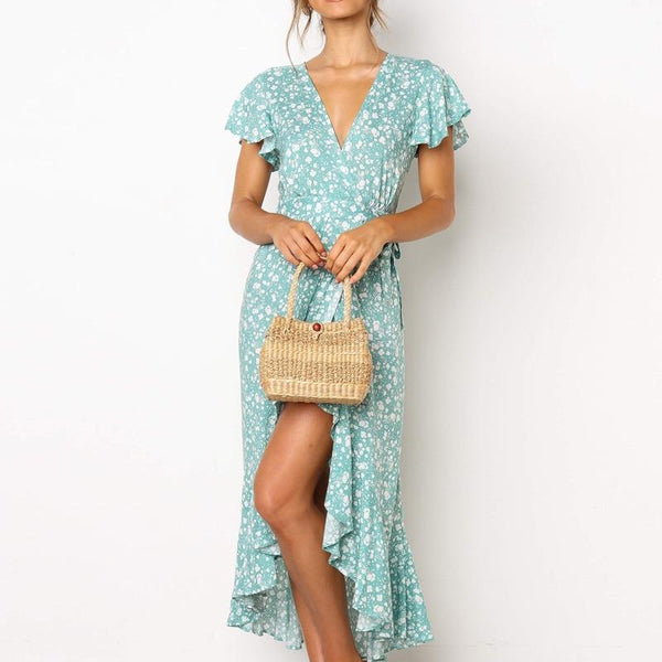 Chiffon Maxi V-Neck Floral Print Wrap Ruffle Dress-Bohemian Brunch