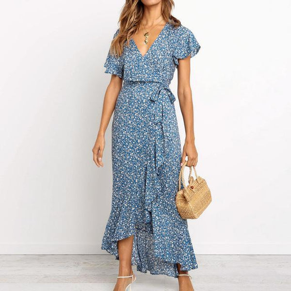 Chiffon Maxi V-Neck Floral Print Wrap Ruffle Dress-Bohemian Brunch