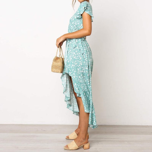 Chiffon Maxi V-Neck Floral Print Wrap Ruffle Dress-Bohemian Brunch