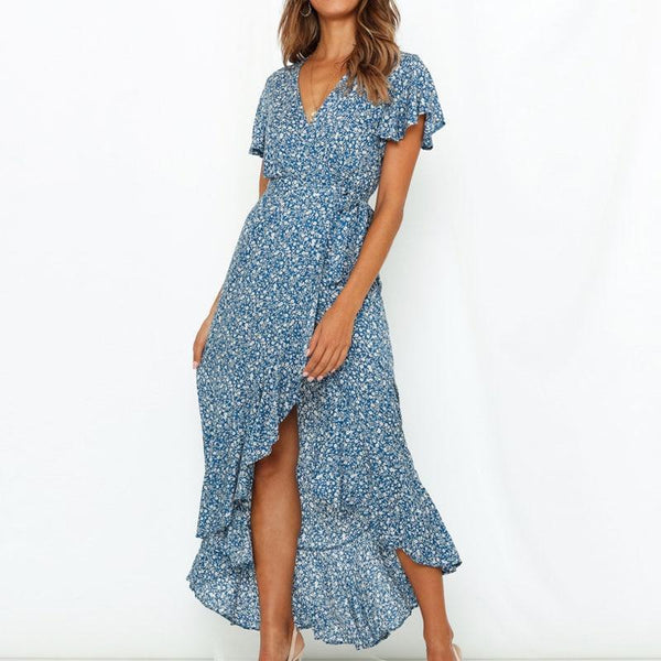 Chiffon Maxi V-Neck Floral Print Wrap Ruffle Dress-Bohemian Brunch