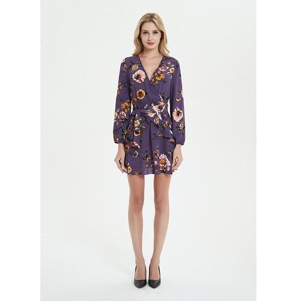 Chiffon V Neck Floral Printed Mini Party Dress-Bohemian Brunch