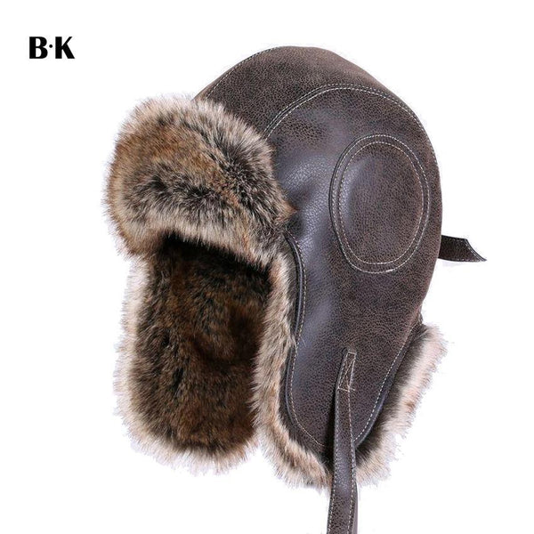 Faux Leather Fur Winter Bomber Hat Russian Trapper Hat Aviator Trooper Snow Cap-Bohemian Brunch