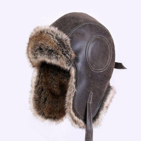 Faux Leather Fur Winter Bomber Hat Russian Trapper Hat Aviator Trooper Snow Cap-Bohemian Brunch