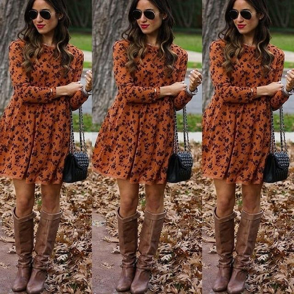 Floral Print Boho Long Sleeve Mini dress-Bohemian Brunch