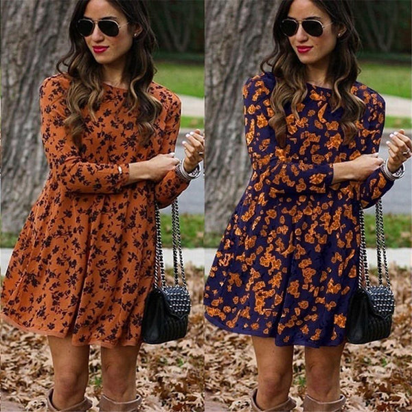 Floral Print Boho Long Sleeve Mini dress-Bohemian Brunch