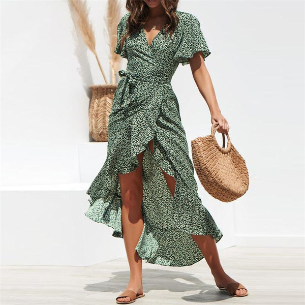 Floral Print Boho Long Wrap Casual Dress-Bohemian Brunch