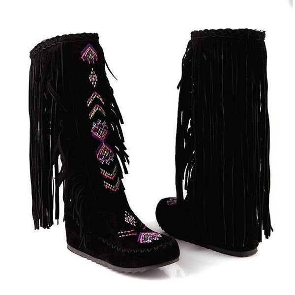 Fringe Tassel Knee High Boots-Bohemian Brunch