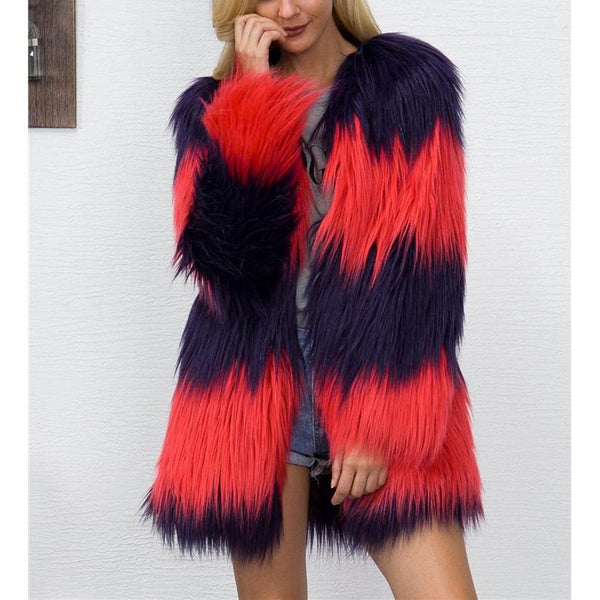 Fun Boho Colourful Faux Fur Coat Jacket Plus Size-Bohemian Brunch