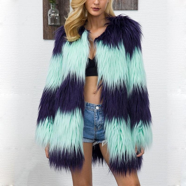 Fun Boho Colourful Faux Fur Coat Jacket Plus Size-Bohemian Brunch