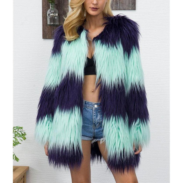 Fun Boho Colourful Faux Fur Coat Jacket Plus Size-Bohemian Brunch