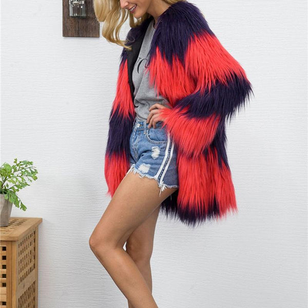 Fun Boho Colourful Faux Fur Coat Jacket Plus Size-Bohemian Brunch