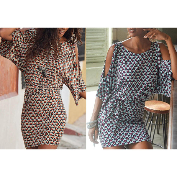 Fun Open Shoulder Retro Printed Spring Summer Mini Boho Dress-Bohemian Brunch