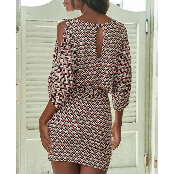 Fun Open Shoulder Retro Printed Spring Summer Mini Boho Dress-Bohemian Brunch