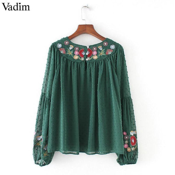 Green Floral Embroidery Shirt Blouse-Bohemian Brunch