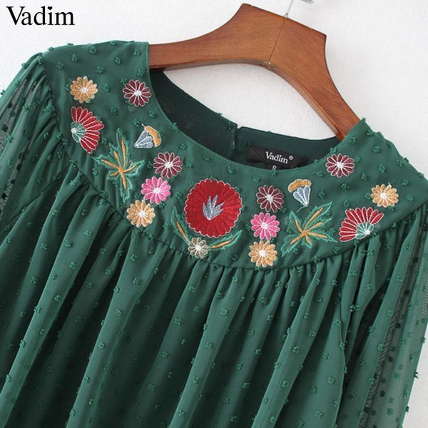 Green Floral Embroidery Shirt Blouse-Bohemian Brunch