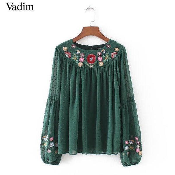 Green Floral Embroidery Shirt Blouse-Bohemian Brunch