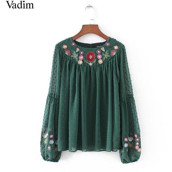 Green Floral Embroidery Shirt Blouse-Bohemian Brunch