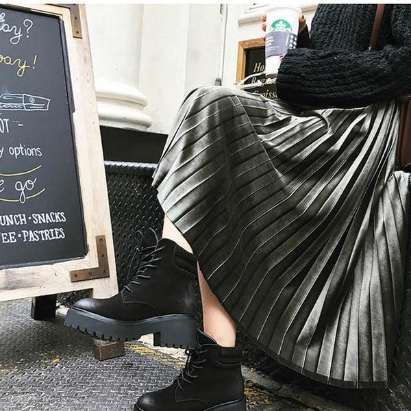 Long Metallic Silver Pleated Midi Skirt-Bohemian Brunch