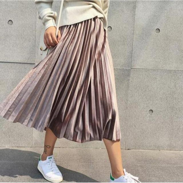 Long Metallic Silver Pleated Midi Skirt-Bohemian Brunch