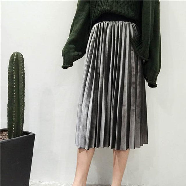 Long Metallic Silver Pleated Midi Skirt-Bohemian Brunch