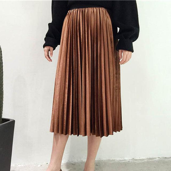 Long Metallic Silver Pleated Midi Skirt-Bohemian Brunch