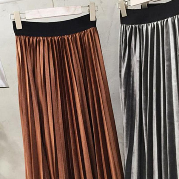 Long Metallic Silver Pleated Midi Skirt-Bohemian Brunch