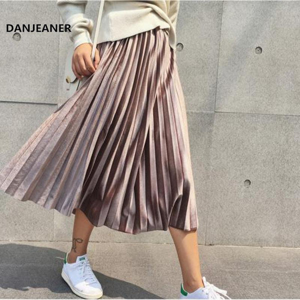 Long Metallic Silver Pleated Midi Skirt-Bohemian Brunch