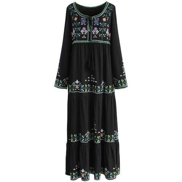 Long Sleeve Black Boho Chic Maxi Dress-Bohemian Brunch