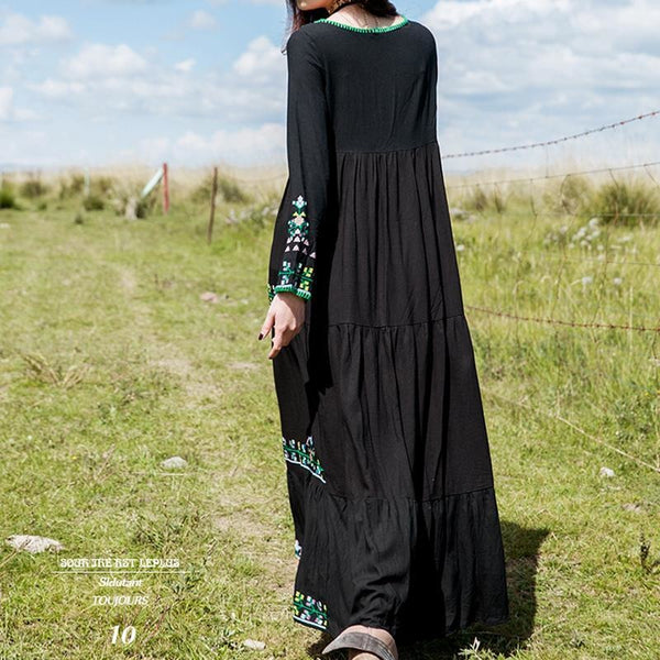 Long Sleeve Black Boho Chic Maxi Dress-Bohemian Brunch