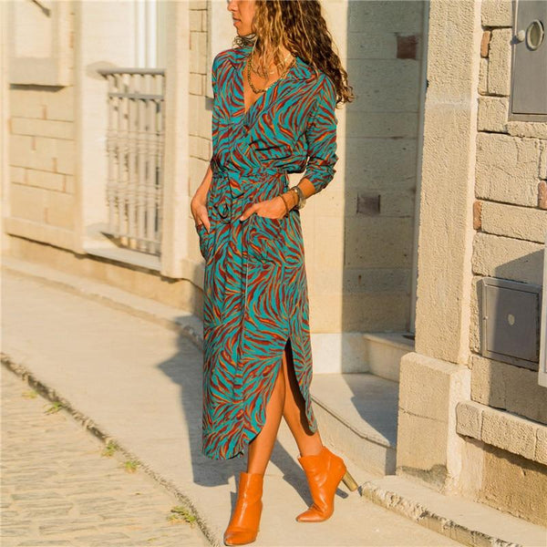 Maxi Bohemian Print Chiffon Wrap Dress-Bohemian Brunch