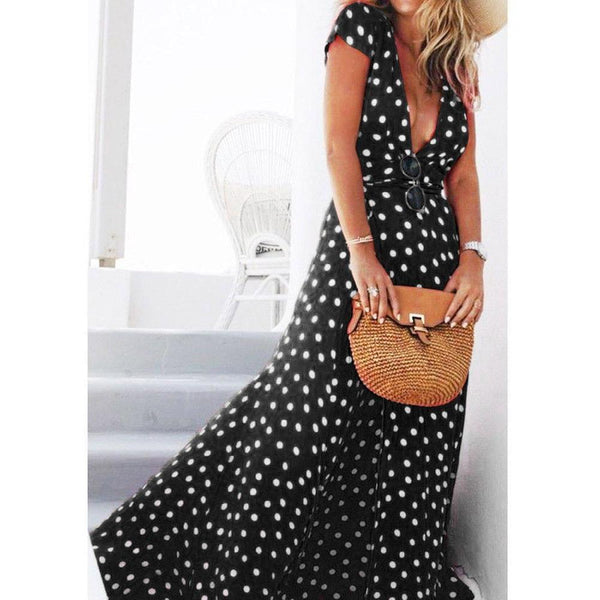 Maxi Dresses Retro Dot Print Wrap Beach Sundress-Bohemian Brunch