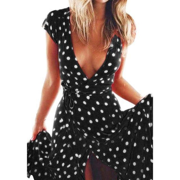 Maxi Dresses Retro Dot Print Wrap Beach Sundress-Bohemian Brunch