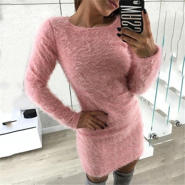 Mini Sweater Soft Plush Fashion Winter Dress-Bohemian Brunch