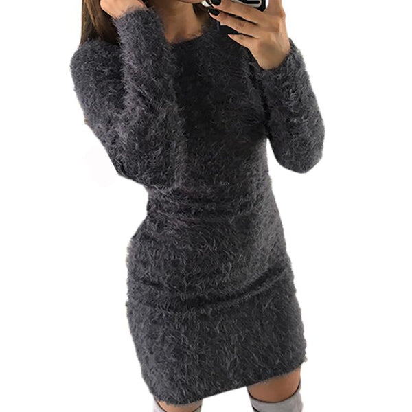 Mini Sweater Soft Plush Fashion Winter Dress-Bohemian Brunch