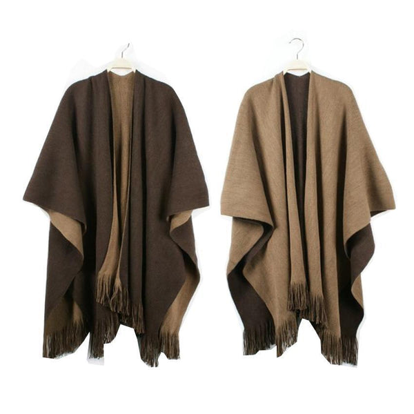 Oversized Reversible Women Winter Boho Knitted Cashmere Poncho Capes-Bohemian Brunch