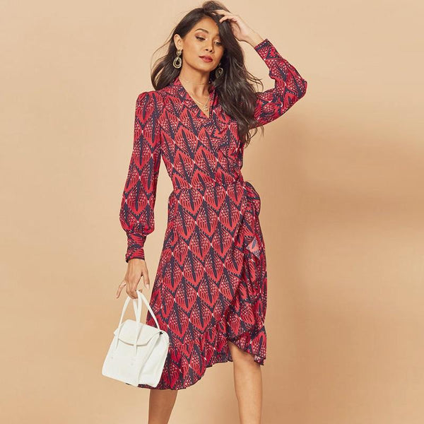 Print Ruffle Lantern Long Sleeve V Neck Midi Wrap Dresses-Bohemian Brunch