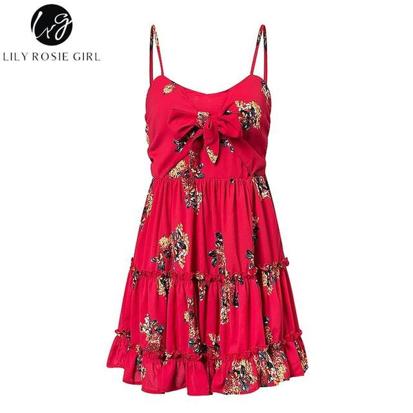 Red Print Floral Beach Boho Dress-Bohemian Brunch