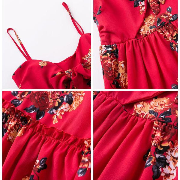 Red Print Floral Beach Boho Dress-Bohemian Brunch