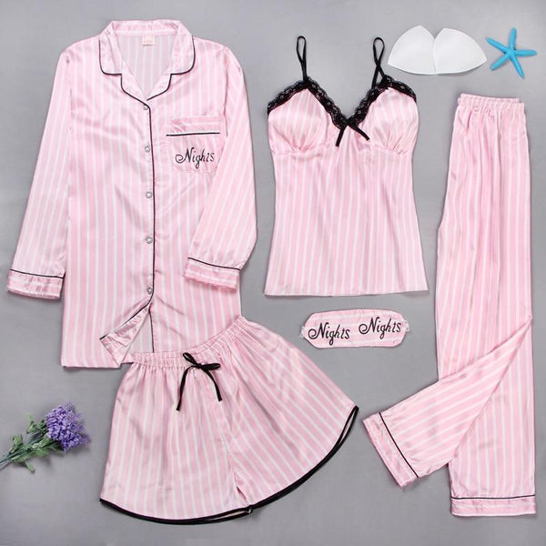 Satin Sleepwear 5 Pieces Pyjamas Sets-Bohemian Brunch