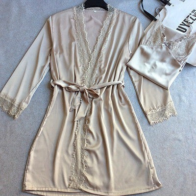 Silk Satin Robe & Gown Sleepwear Set-Bohemian Brunch