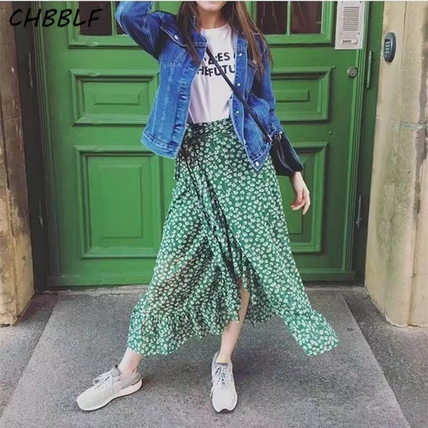 Spring Summer Wrap Green Floral Lady Chiffon Skirt-Bohemian Brunch