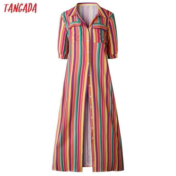 Striped Retro Boho Maxi Shirt Beach Dress-Bohemian Brunch