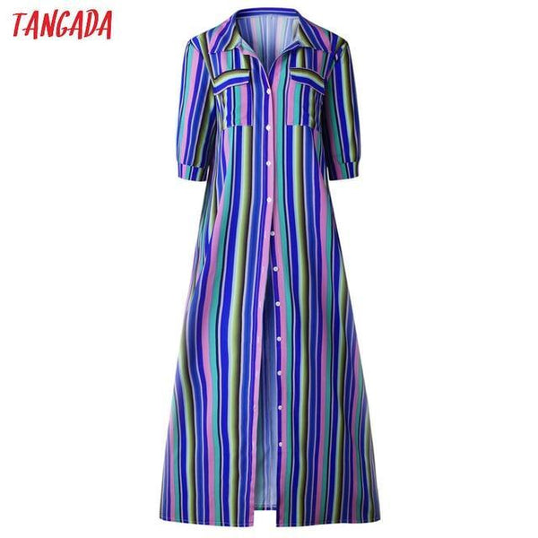 Striped Retro Boho Maxi Shirt Beach Dress-Bohemian Brunch