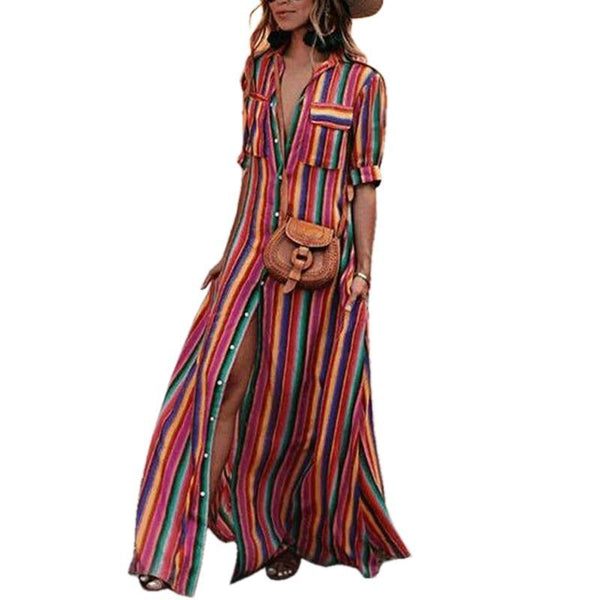 Striped Retro Boho Maxi Shirt Beach Dress-Bohemian Brunch