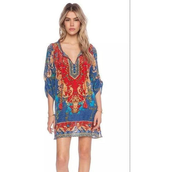 Summer Bohemia Mexican Boho Ethnic Loose Mini Kaftan Beach Dress-Bohemian Brunch