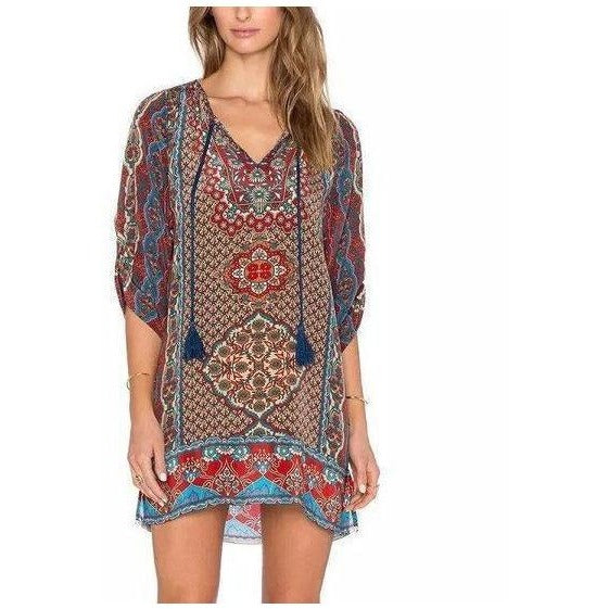 Summer Bohemia Mexican Boho Ethnic Loose Mini Kaftan Beach Dress-Bohemian Brunch