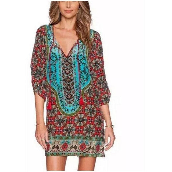 Summer Bohemia Mexican Boho Ethnic Loose Mini Kaftan Beach Dress-Bohemian Brunch