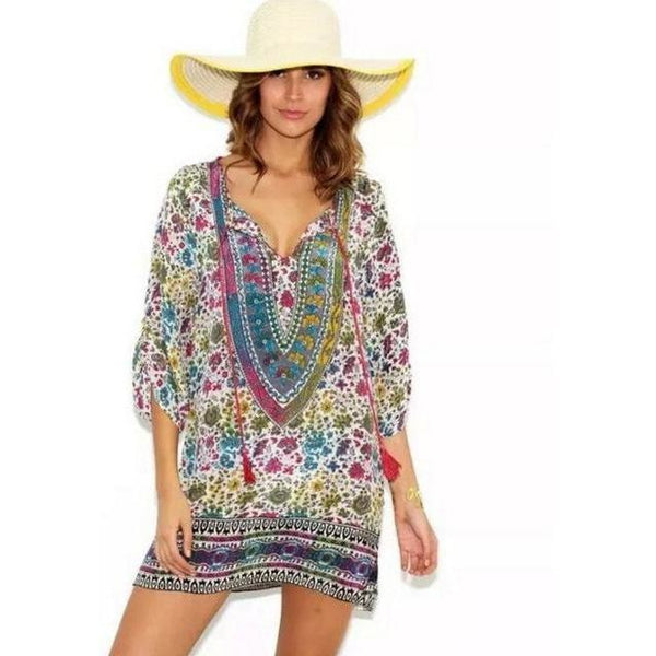 Summer Bohemia Mexican Boho Ethnic Loose Mini Kaftan Beach Dress-Bohemian Brunch