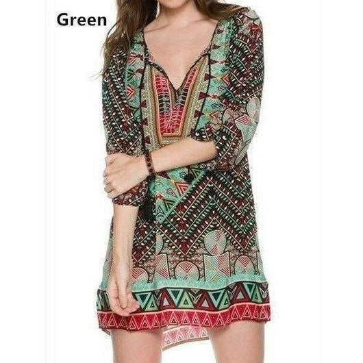 Summer Bohemia Mexican Boho Ethnic Loose Mini Kaftan Beach Dress-Bohemian Brunch