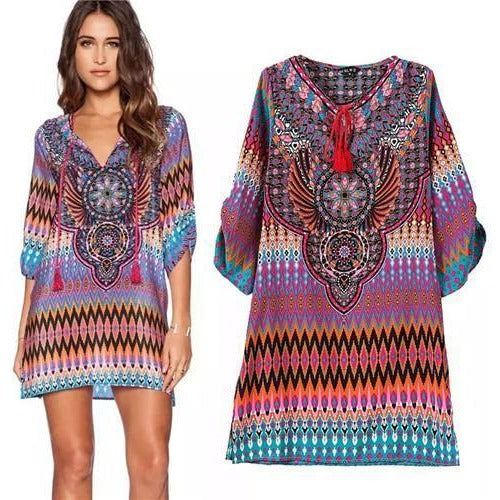 Summer Bohemia Mexican Boho Ethnic Loose Mini Kaftan Beach Dress-Bohemian Brunch